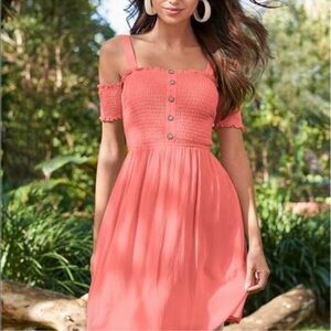 Venus Coral Off-Shoulder Smocked A-Line  Dress W/Pockets NWOT